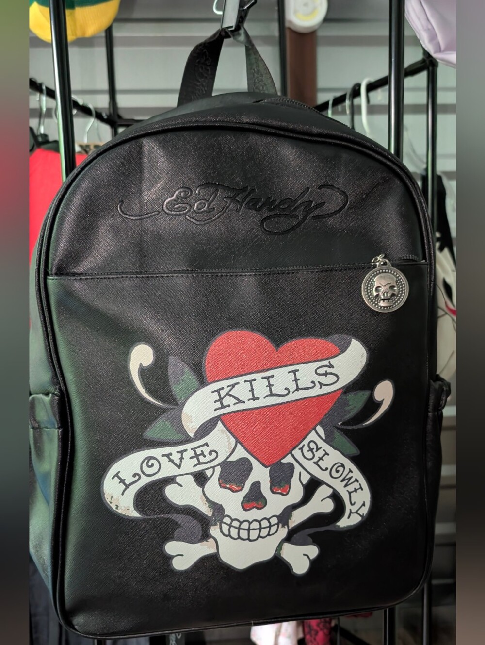 Ed Hardy Love Kills Slowly Backpack Black Faux Leather Tattoo Graphic NWT